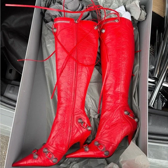 Red Leather Knee-High Stiletto Boots - Women - Picture 3 of 10